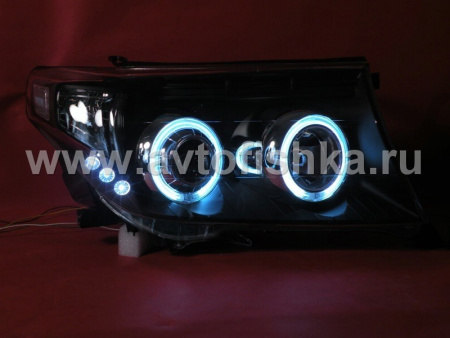 Toyota Land Cruiser 200 (08-) фары передние линзовые черные, со светящимися ободками, комплект 2 шт.