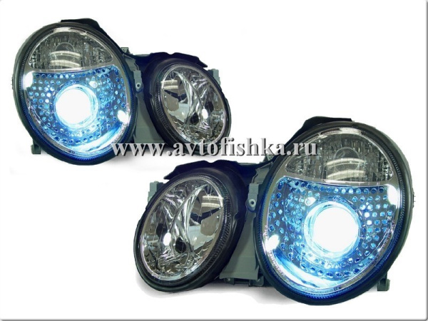 Mercedes CLK W208 (98-02) фары передние линзованные, перфорированные, хромированные, под ксенон, комплект 2 шт
