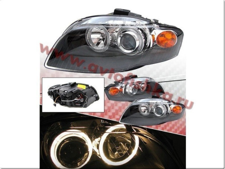 Audi A4 (05-07) фары передние линзовые черные, со светящимися ободками, под электрокорректор, комплект 2 шт.