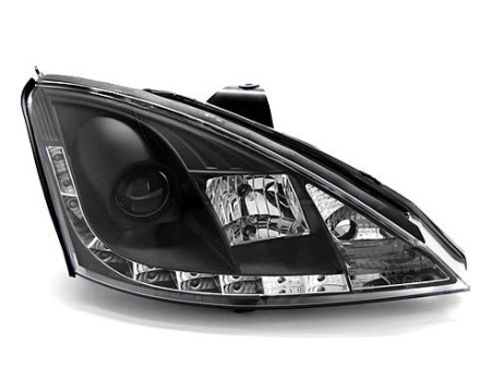 Ford Focus 1 (01-04) Europe+USA передние фары линзовые черные, со светодиодной подсветкой, комплект 2 шт.