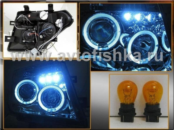 Nissan Pathfinder III, Navara (05-10) фары передние линзовые хромированные, со светящимися ободками, комплект 2 шт.