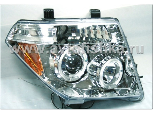 Nissan Pathfinder III, Navara (05-10) фары передние линзовые хромированные, со светящимися ободками, комплект 2 шт.