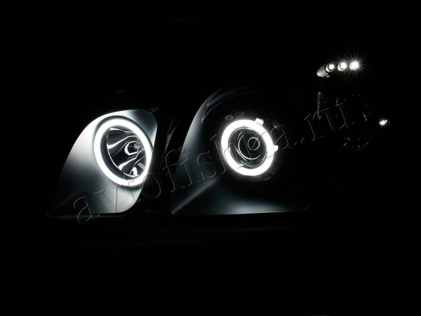 Lexus LX470 (98-07) фары передние линзовые черные, со светящимися ободками, комплект 2 шт.