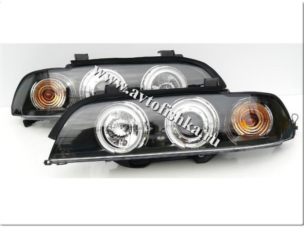 BMW 5 E39 (95-) фары передние линзовые черные, со светящимися ободками, с моторами электрокорректора, комплект 2 шт.