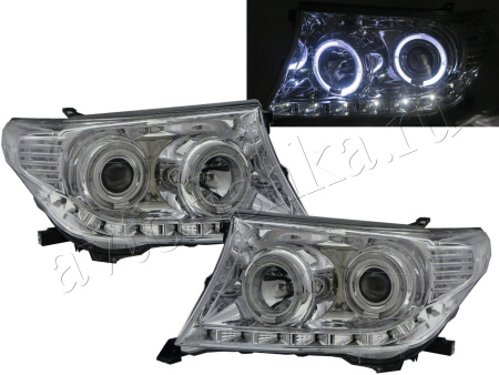Toyota Land Cruiser 200 (07-12) фары передние линзовые хромированные, со светящимися ободками, с DRL подсветкой, комплект 2 шт.
