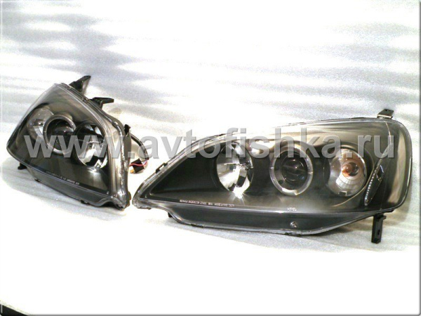 Honda Civic (01-03) 2, 4 дв. фары передние линзовые черные, со светящимися ободками, комплект 2 шт.
