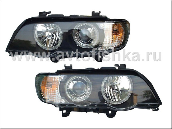BMW X5 (98-03) передние фары линзовые черные, со светящимися ободками, под штатный ксенон, с моторами электрокорректора, комплект 2 шт.