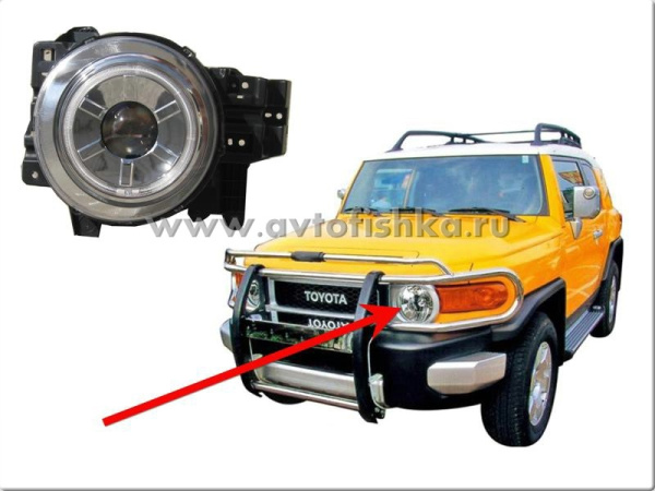 Toyota FJ Cruiser (07-) фары передние линзовые, со светящимися ободками, хромированные, комплект 2 шт.