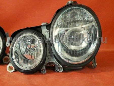 Mercedes E W210 (99-02) передние фары линзовые хромированные, комплект 2 шт.