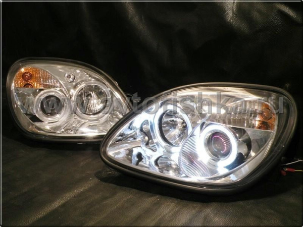 Mercedes SLK R170 (98-04) фары передние линзовые хромированные, со светящимися ободками, комплект 2 шт.