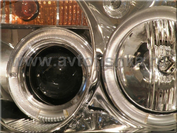 Mercedes SLK R170 (98-04) фары передние линзовые хромированные, со светящимися ободками, комплект 2 шт.