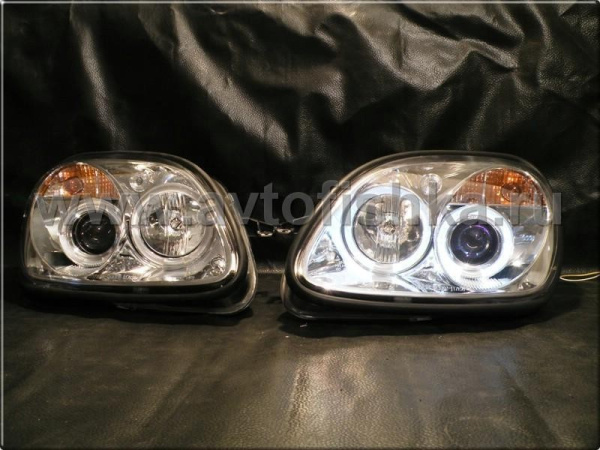 Mercedes SLK R170 (98-04) фары передние линзовые хромированные, со светящимися ободками, комплект 2 шт.