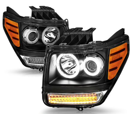 Dodge Nitro (07-) фары передние линзовые черные, со светящимися ободками и светодиодной подсветкой, комплект 2 шт.
