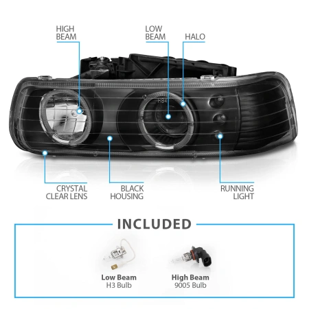 Chevrolet Tahoe C10 (1999-2006) черные передние фары со светящимися ободками, тюнинг