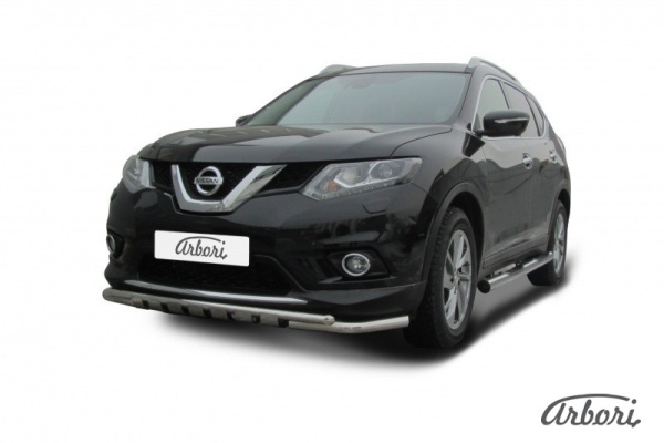 Защита переднего бампера Arbori d57+d42 двойная с декоративными элементами NISSAN X-TRAIL 2015-
