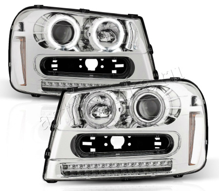 Chevrolet Trailblazer (02-09) хромированные линзовые передние фары со светящимися ободками, тюнинг, комплект 2 шт.