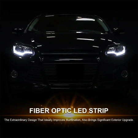 Ford Focus 3 (11-13) тюнинговые фары линзовые со светящейся полосой, черные