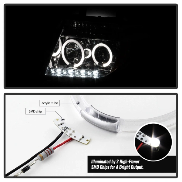 Nissan Pathfinder III, Navara (2005-2010) передние фары линзовые хром, с ДХО и ангельскими глазками