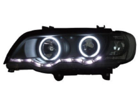 BMW X5 (98-03) фары передние линзовые черные, со светящимися ободками с подсветкой DRL, под ксенон