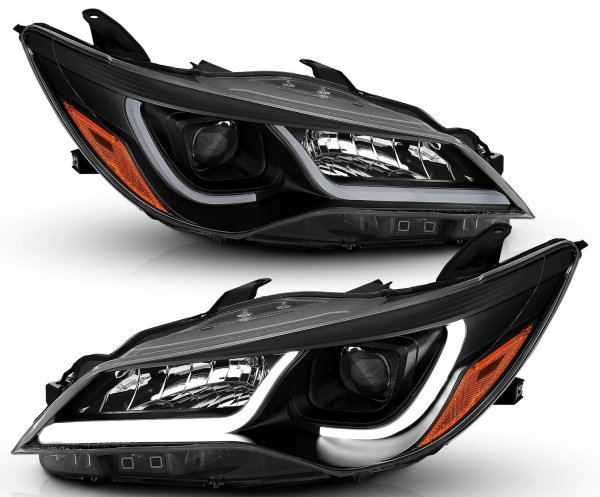 Toyota Camry XV55 рестайл (2015-2017) передние тюнинговые фары с линзами и ДХО, черные