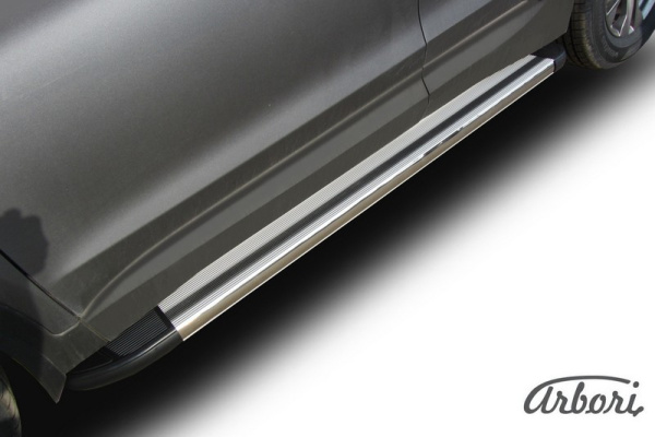 Комплект защиты штатных порогов алюминиевый профиль Arbori "Luxe Silver" 1800 серебристая HYUNDAI SANTA-FE 2012-