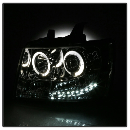 Chevrolet Tahoe (07-), Avalanche (07-) фары передние линзовые хромированные, со светящимися ободками и светодиодной подсветкой, комплект 2 шт.