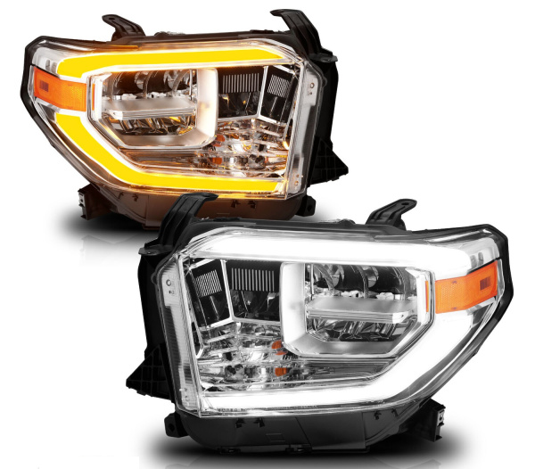 Toyota Tundra (2014-2017) передние фары хромированные с LED-полосой (Switchback)