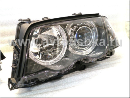 BMW 3 E46 (98-01) 4 дв. фары передние линзовые черные, со светящимися ободками, с поворотниками, комплект лев.+прав.