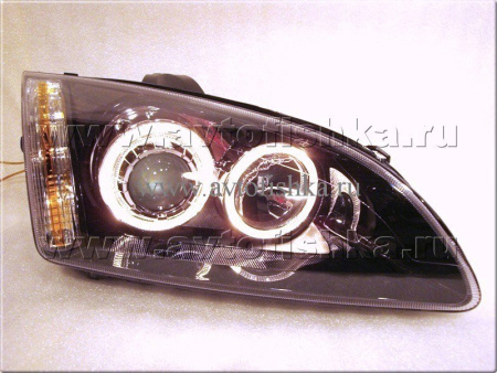 Ford Focus 2 (05-07) фары передние линзовые черные, под корректор, со светящимися ободками, комплект 2 шт.
