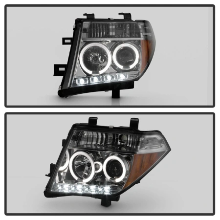 Nissan Pathfinder III, Navara (2005-2010) передние фары линзовые хром, с ДХО и ангельскими глазками