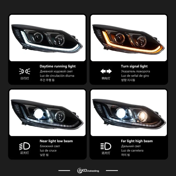 Ford Focus 3 (11-13) передние фары черные линзовые с DRL диодной подсветкой, 2 шт.