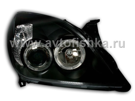 Opel Vectra C (05-) передние линзовые черные фары со светящимися ободками, под электрокорректор, комплект 2 шт.