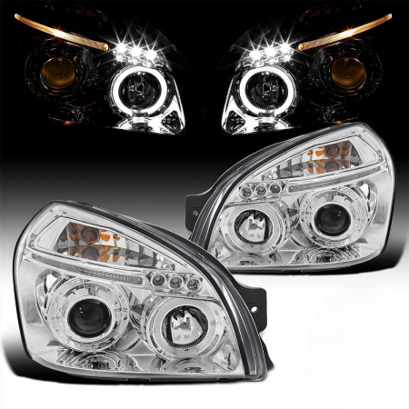 Hyundai Tucson (2005-2009) фары передние хромированные, со светящимися ободками и светодиодами