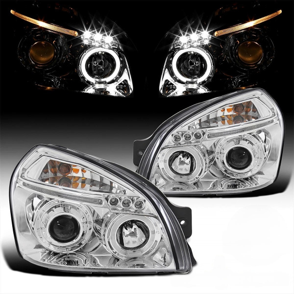 Hyundai Tucson (2005-2009) фары передние хромированные, со светящимися ободками и светодиодами