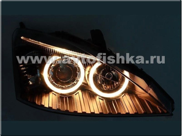 Ford Focus 1 (98-04) Europe+USA фары передние линзовые черные, со светящимися ободками, под ксенон, комплект 2 шт.