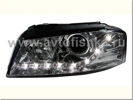 Audi A3 (03-08) передние фары линзовые хромированные, со светодиодной подсветкой, с моторами электрокорректора, комплект 2 шт.