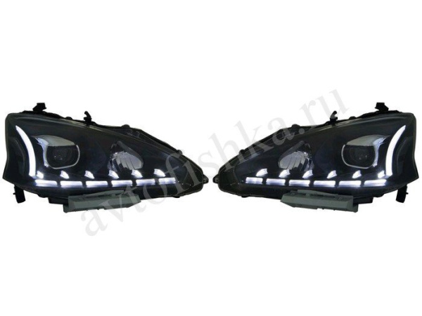 Nissan Teana (13-) фары передние линзовые черные, с подсветкой DRL, комплект 2 шт.