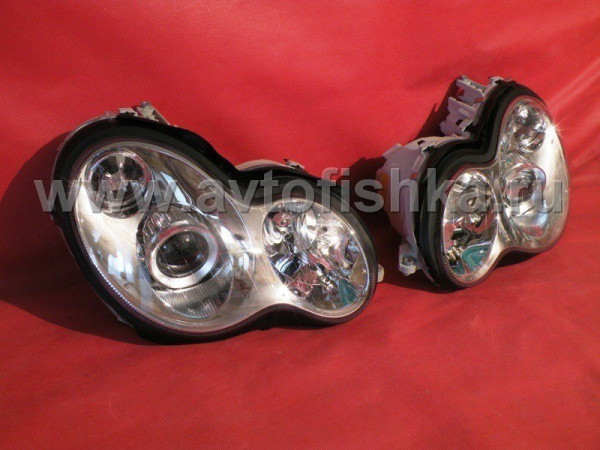 Mercedes C-class W203 (00-03) фары передние линзовые хромированные, под ксенон, с блоками розжига, с корректором, комплект 2 шт.