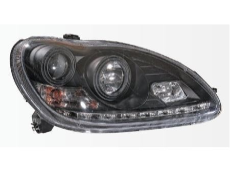 Mercedes S W220 (98-05) фары передние линзовые черные, с подсветкой DRL, комплект 2 шт.