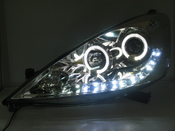 Honda Fit, Jazz (07-) GE, фары передние линзовые хромированные, со светящимися ободками и светодиодной подсветкой, комплект 2 шт.