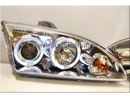 Ford Focus 2 (05-07) фары линзовые передние хромированные, со светящимися ободками, комплект 2 шт.