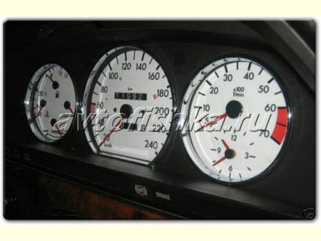 Mercedes W124 (84-95) накладки на циферблаты приборов белые светящиеся, 240 km/h.
