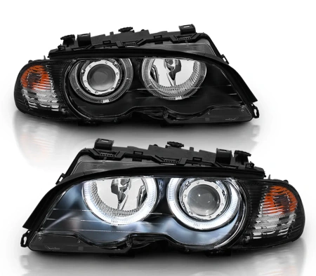 BMW 3 E46 Купе / M3 (2000-2006) фары передние линзованные черные, с ангельскими глазками