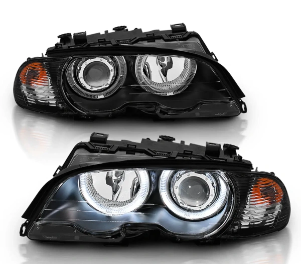 BMW 3 E46 Купе / M3 (2000-2006) фары передние линзованные черные, с ангельскими глазками