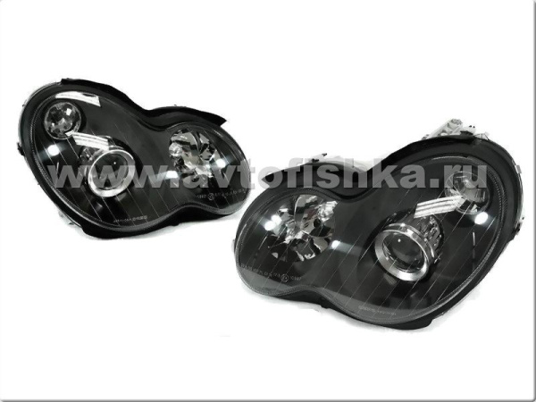 Mercedes C-class W203 (00-03) фары передние линзовые черные, под ксенон, с блоками розжига, комплект 2 шт.