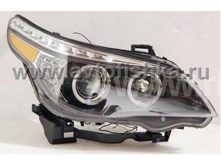 BMW 5 series E60 (03-07) фары передние черные со светящимися ободками, линзовые светодиодные с желтыми рефлекторами