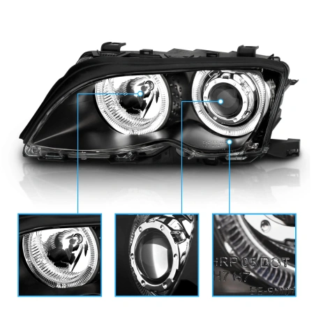 BMW E46 (01-04) фары передние линзовые черные, со светящимися ободками, с моторами электрокорректора