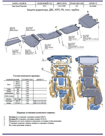 Jeep Grand Cherokee (11–/13–) Защита днища + АКПП, из 7 частей, алюминий (V-3,6,3,0TD)