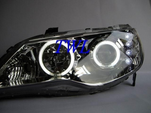 Honda Civic VIII (06-) передние фары линзовые хромированные, со светящимися ободками и светодиодной подсветкой, комплект 2 шт.