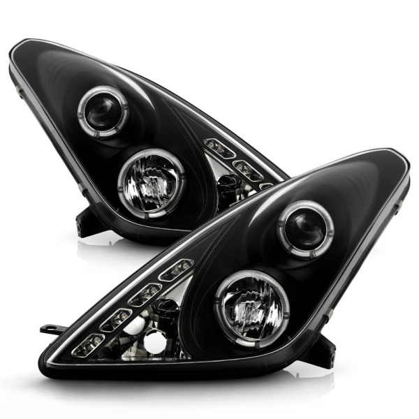 Toyota Celica 2000-2005 фары передние линзованные черные с ангельскими глазками и DRL ходовыми огнями